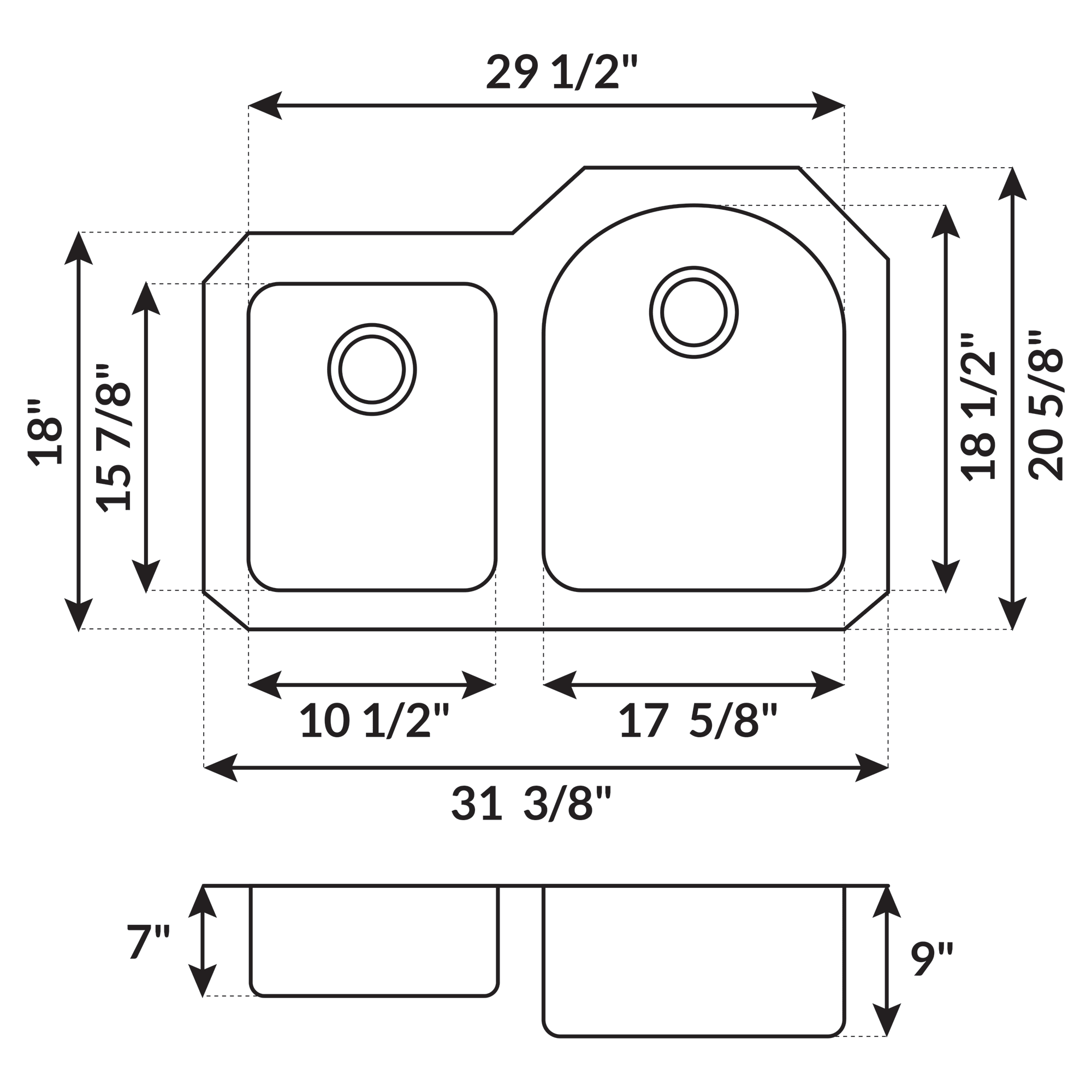 31 in Undermount Stainless Steel 40/60 Double Bowl Kitchen SinkL 201L - Image 4