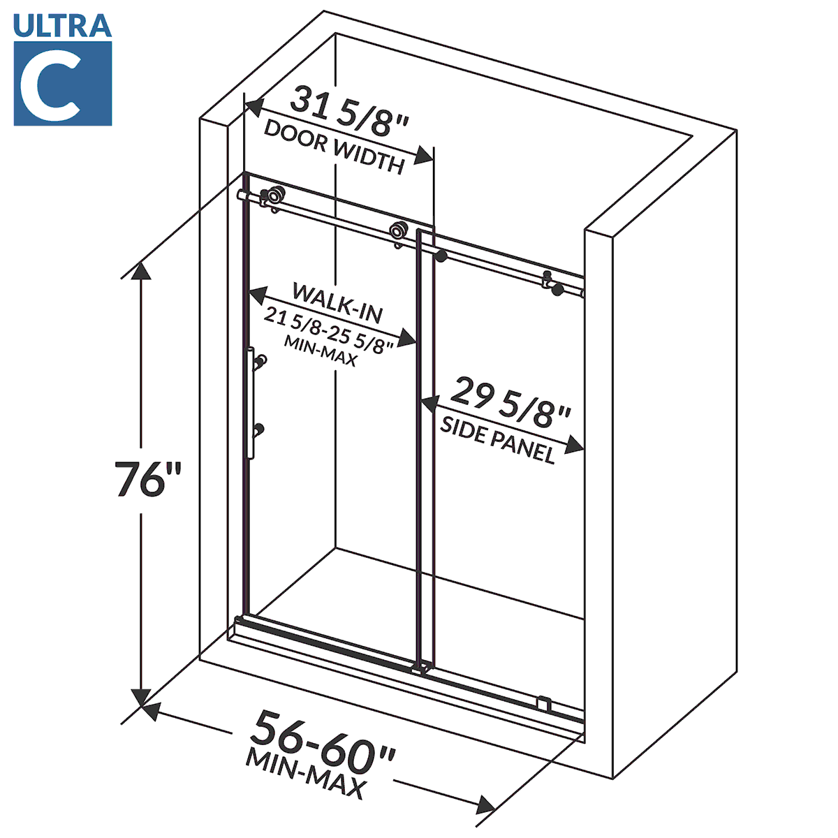 56-60 W x 76 H  Sliding Frameless Shower Door ULTRA-C with Clear Glass in Matte Black - Image 6