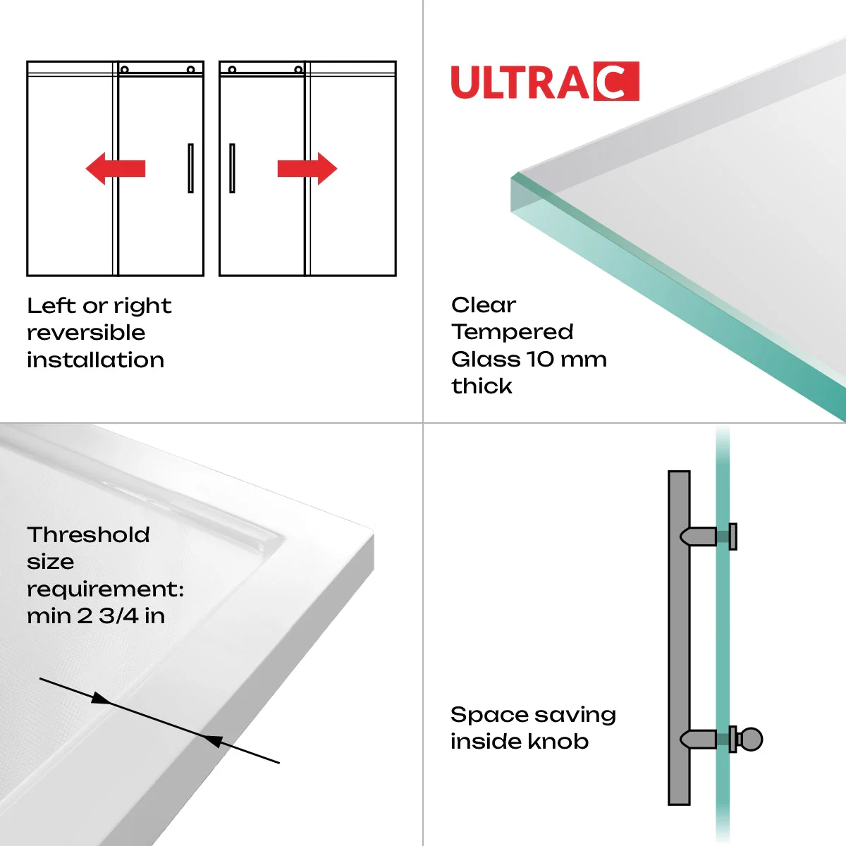 56-60 W x 76 H  Sliding Frameless Shower Door ULTRA-C with Clear Glass in Matte Black - Image 8