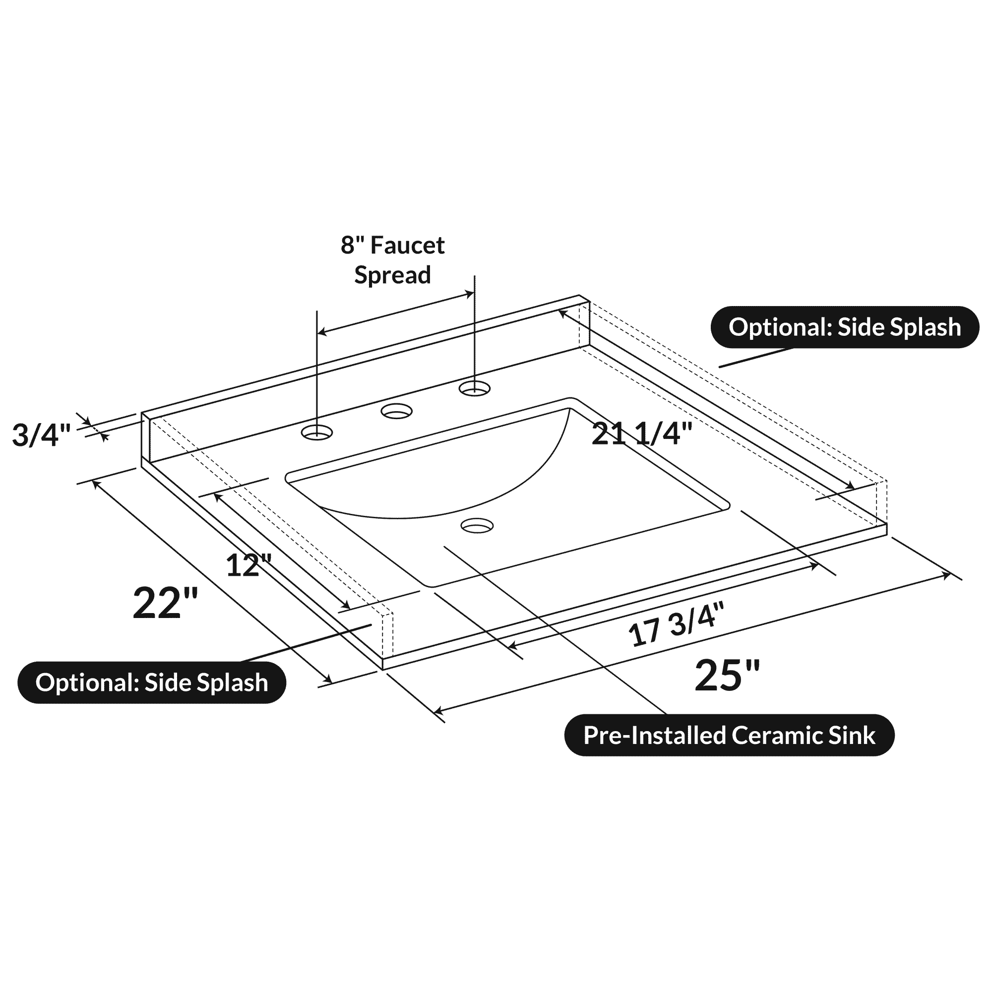 25 W x 22 L Cara White Vanity Top with Square Sink - 8 in Faucet Spread - Image 3