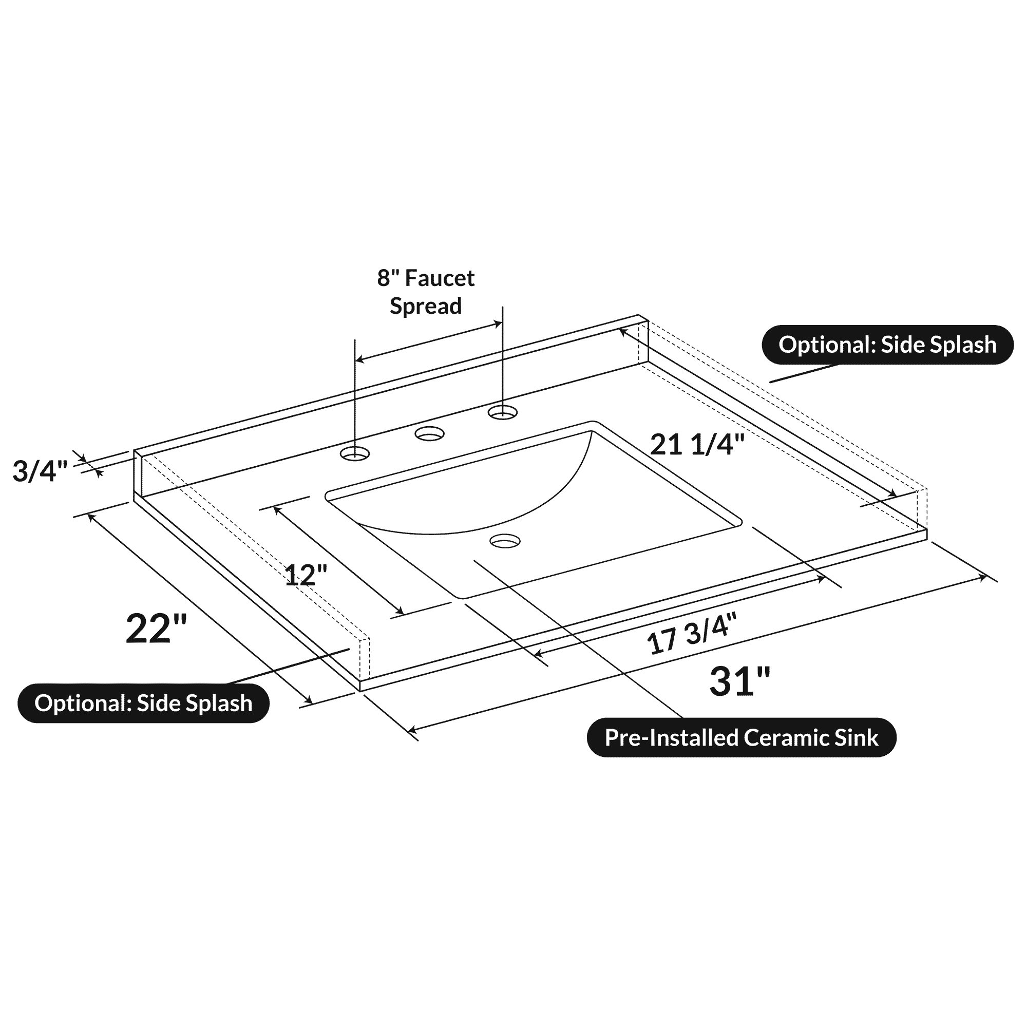 31 W x 22 L Cara White Vanity Top with Square Sink - 8 in Faucet Spread - Image 3