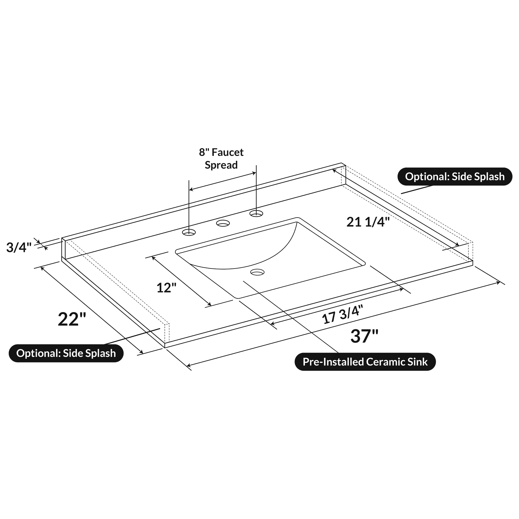 37 W x 22 L Cara White Vanity Top with Square Sink - 8 in Faucet Spread - Image 3