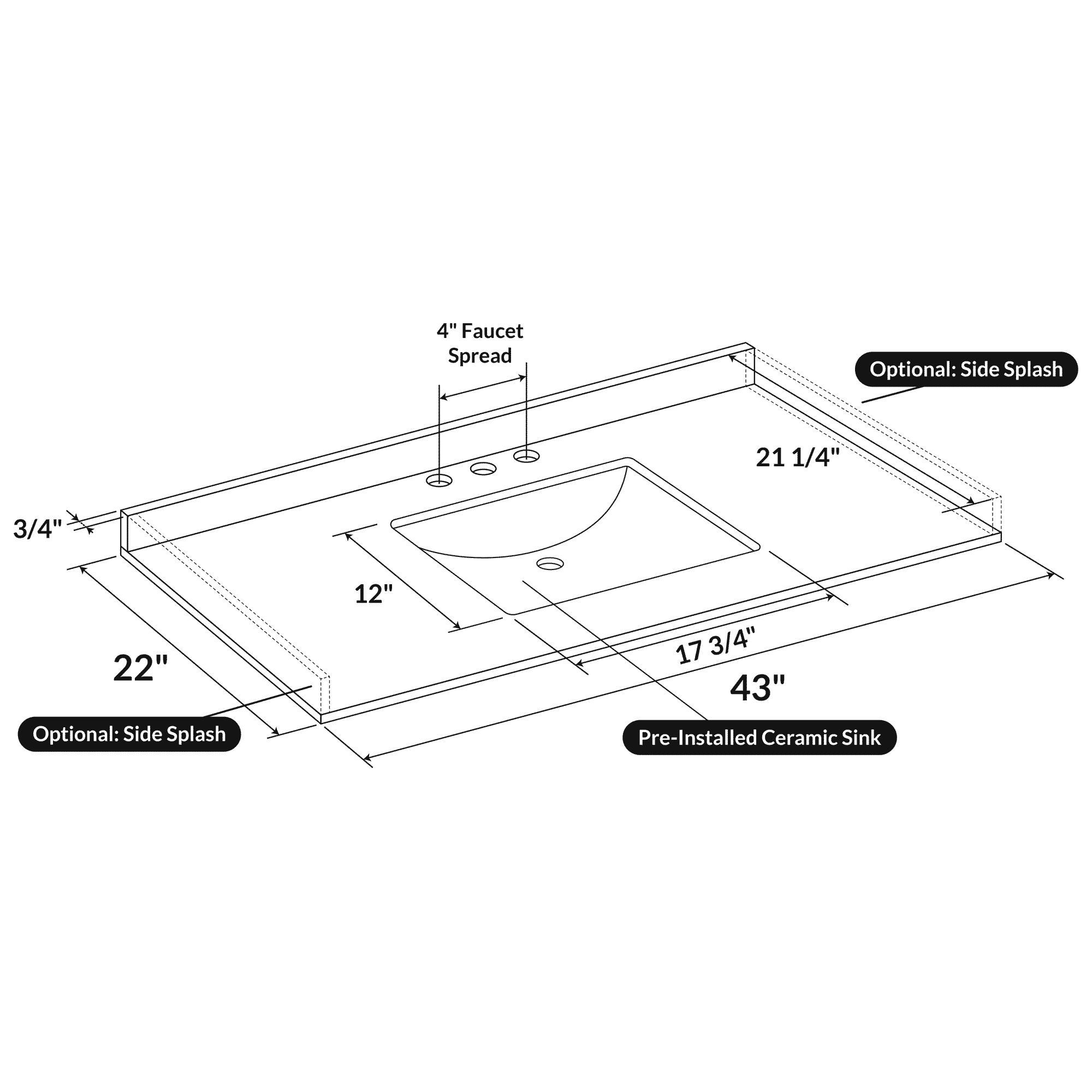 43 W x 22 L Cara White Vanity Top with Square Sink - 4 in Faucet Spread - Image 3