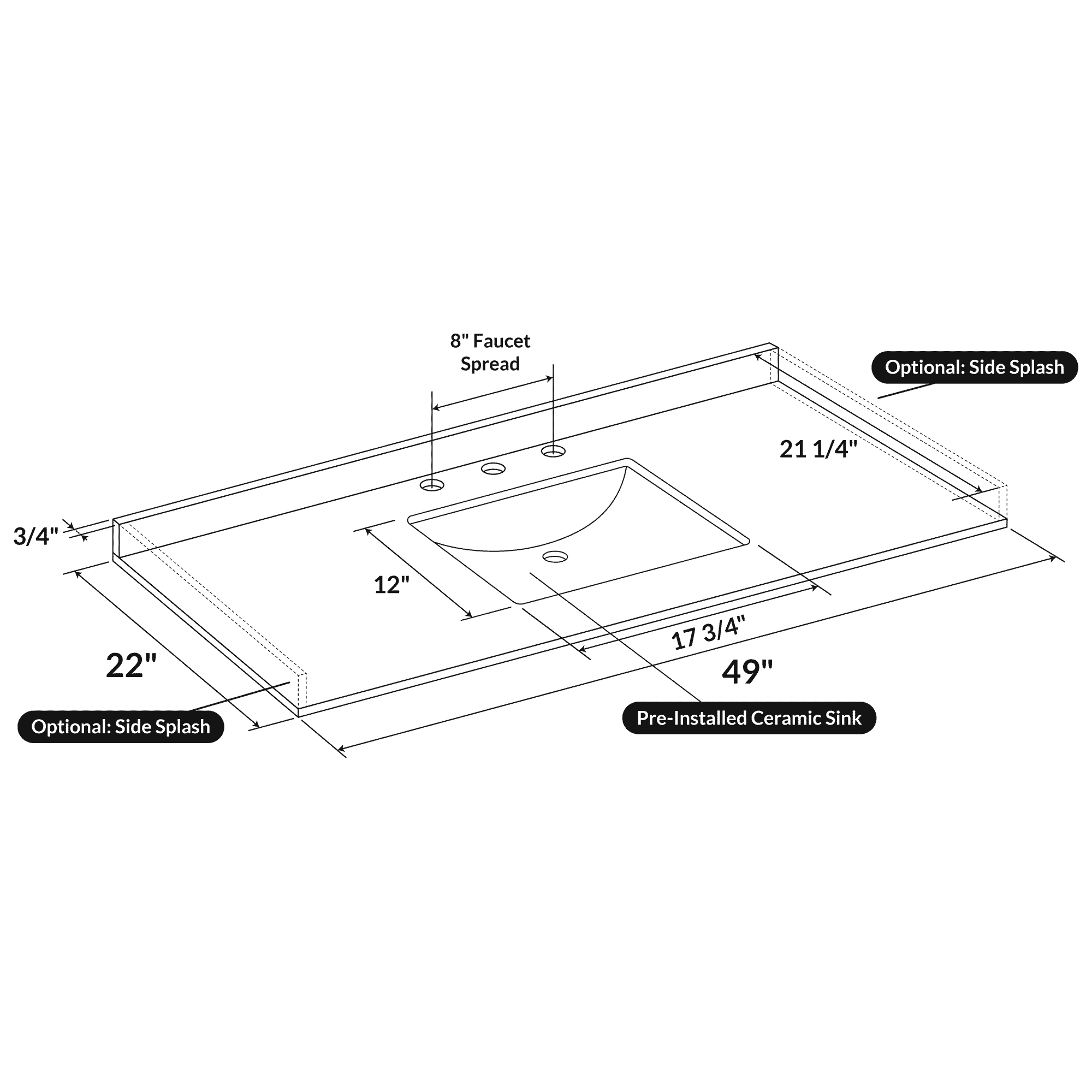 49 W x 22 L Cara White Vanity Top with Square Sink - 8 in Faucet Spread - Image 3