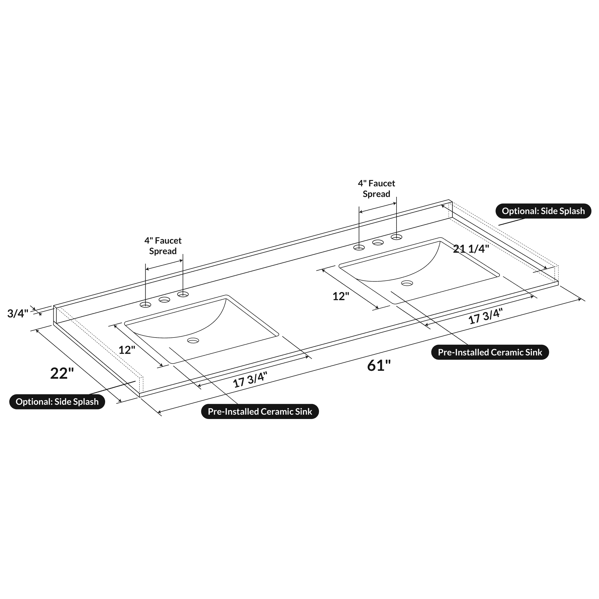 61 W x 22 L Cara White Vanity Top with Two Square Sinks - 4 in Faucet Spread - Image 3